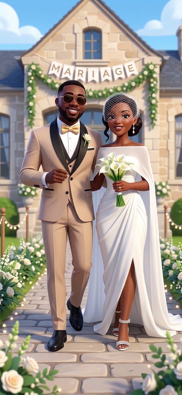 Sonia et Nick en tenue de mariage devant une maison décorée